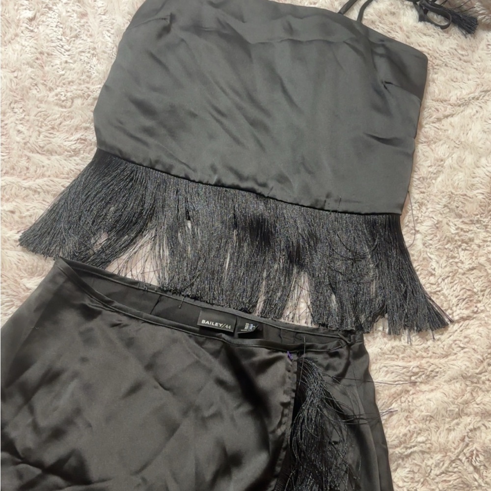 Bailey 44 Black Fringe Top and Skirt Set